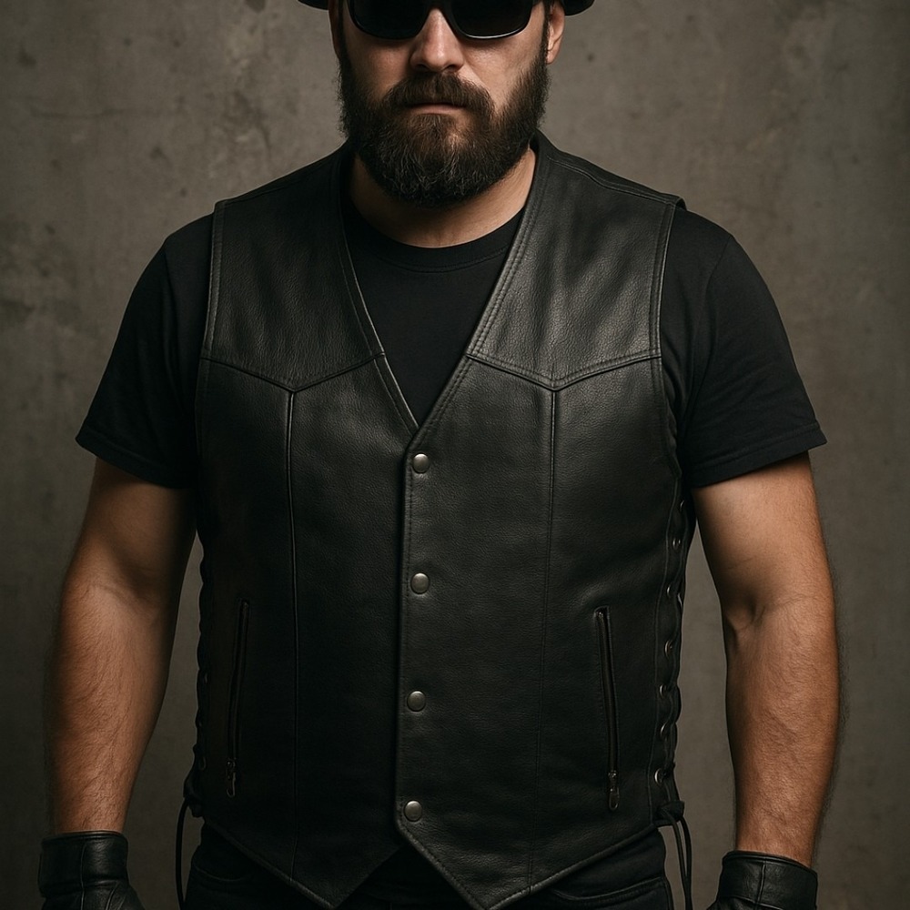 LK Men's Black Leather Motorcycle Vest Size 42 Live Free Ride Free Patch Lace Up